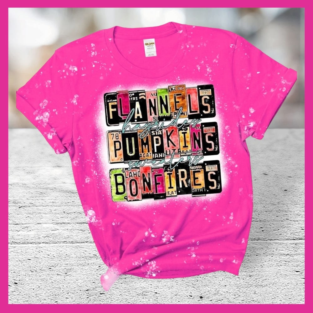 New Custom Bleached Flannels Pumpkins Bonfires Unisex Pink Tee Size Large